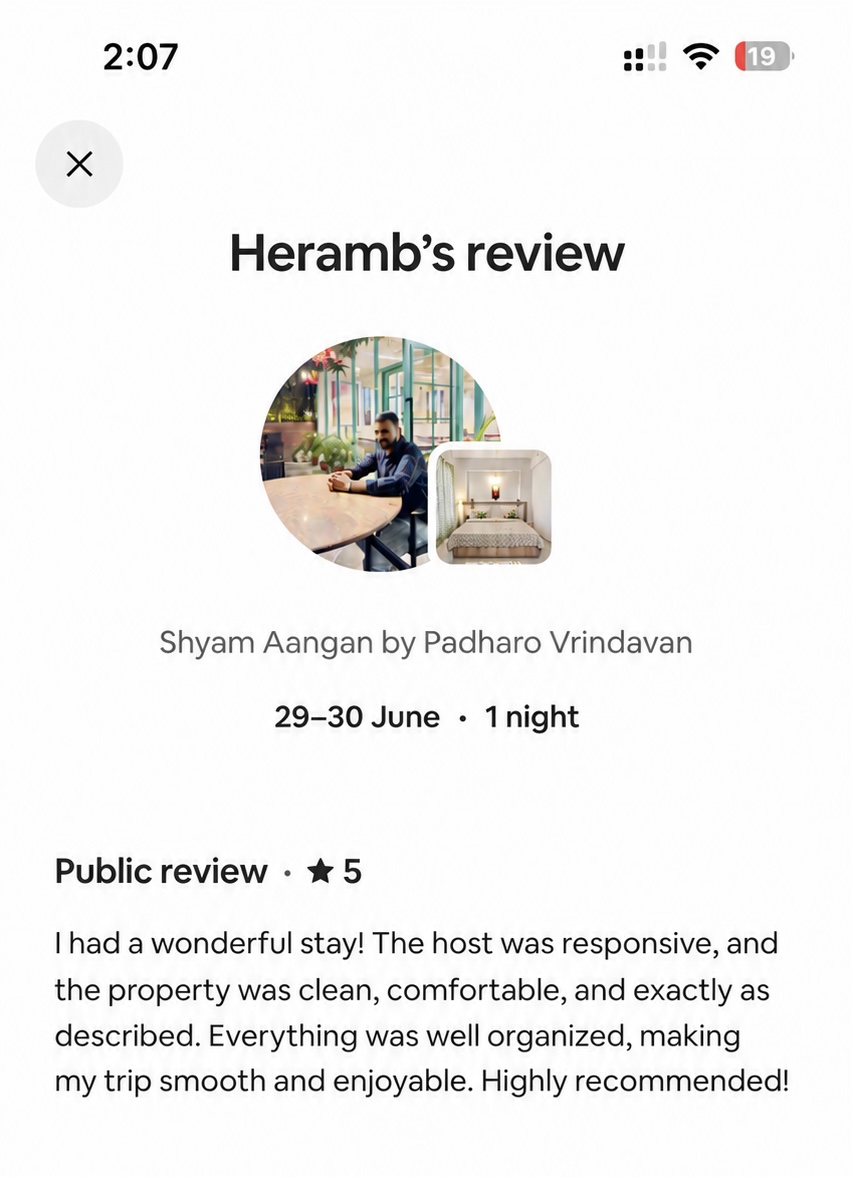 Airbnb review from Heramb • Stayed 1 night about their Vrindavan stay
