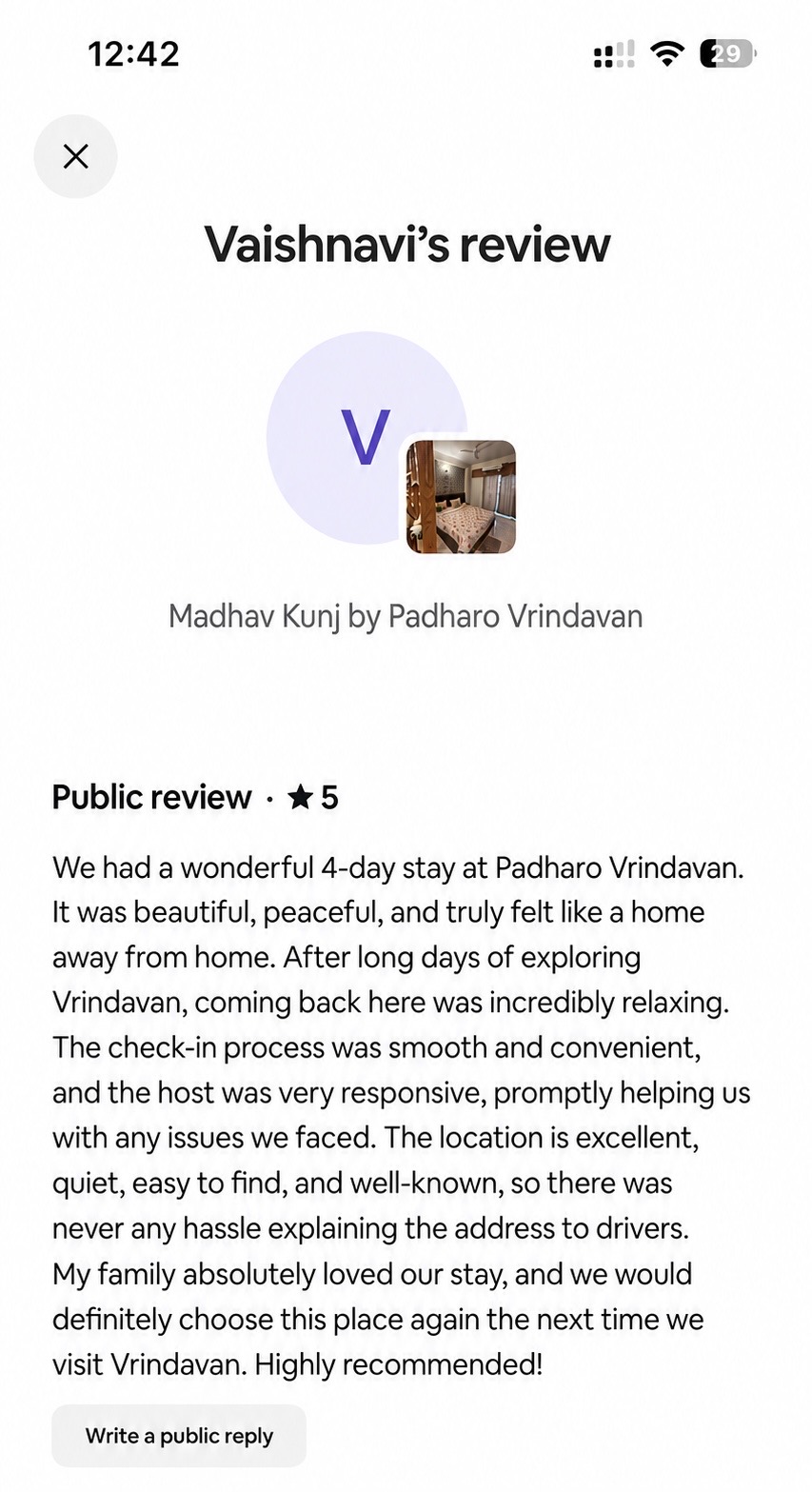 Airbnb review from Vaishnavi • Stayed 4 nights about their Vrindavan stay